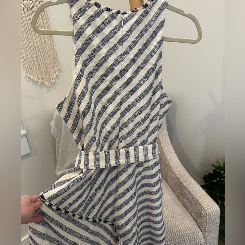 Banana Republic Striped Tweed Belted Dress Size 10 Navy Cream Fringe Midi - Picture 6 of 7